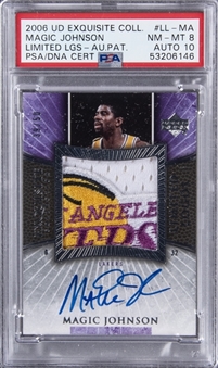 2006 "Exquisite Collection" Limited Logos #LL-MA Magic Johnson Signed Patch Card (#39/50) - PSA NM-MT 8, PSA/DNA 10